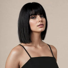 SUKRI short black straight wig with bangs, front view for natural everyday wear.