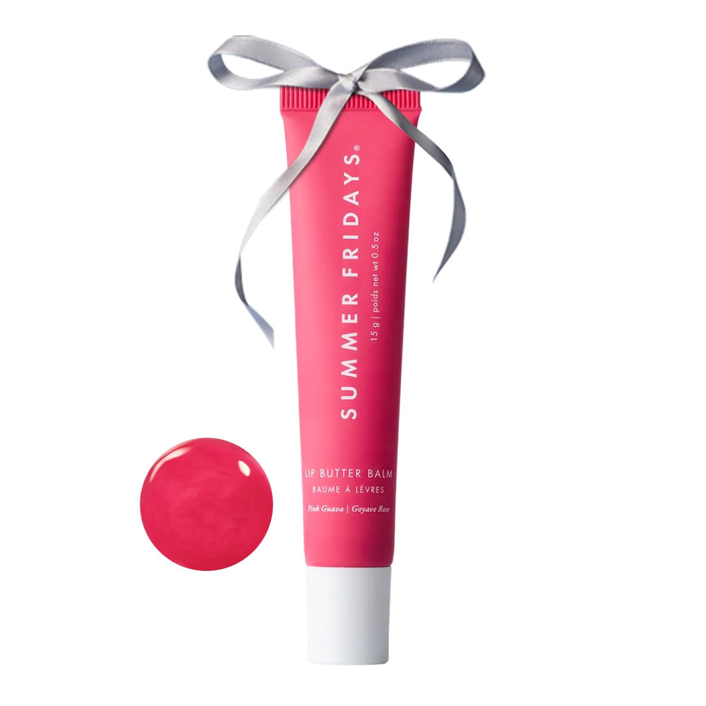 Summer Fridays Pink Guava tinted lip balm application with sheer moisture.