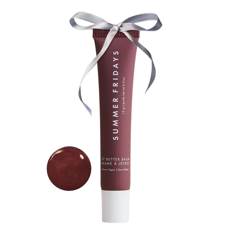 Summer Fridays tinted lip butter brown sugar tube showing vegan moisture boost