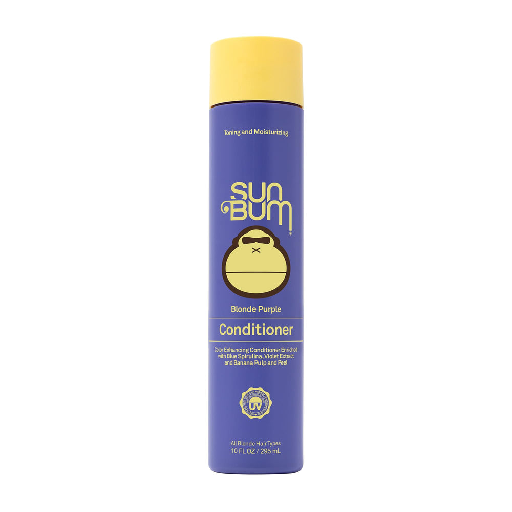 Sun Bum Blonde Purple Conditioner bottle shows color-enhancing formula for blonde hair.