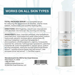 Sun Coast Sciences Total Package Serum ingredients visual highlighting peptides, vitamin C, and hyaluronic acid for brightening potential.