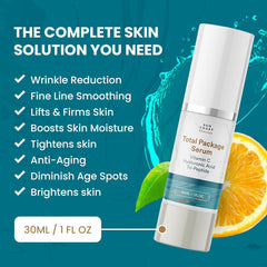 Sun Coast Sciences Total Package Serum on textured skin showing plumping moisture and glow.