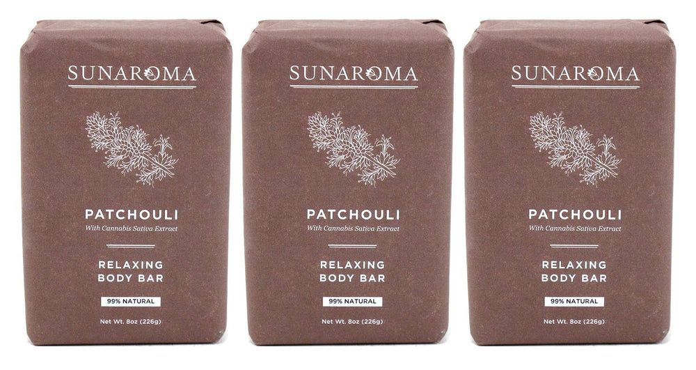 Sunaroma Patchouli Soap Bar closeup highlighting natural ingredients for relaxation and skin care
