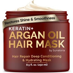 SUNATORIA Hair Mask jar close-up highlighting argan oil for hydrated hair.