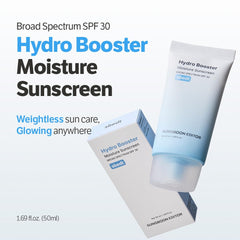 SUNGBOON EDITOR Hydro Booster packaging box highlights travel-ready SPF 30 protection.
