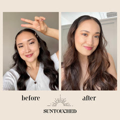 Suntouched Sun Hair Lightener at the beach scene activates heat for brighter strands.