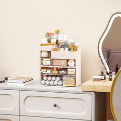SuoXing makeup organizer with clear top compartments keeps brushes and palettes visible