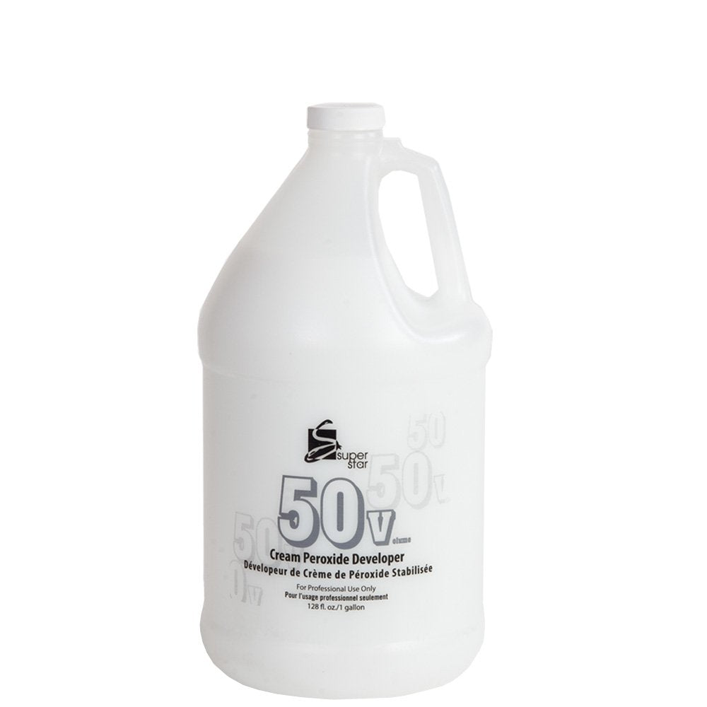 Super Star Creme Developer 50 Volume bottle enables precise hair coloring with gel consistency.