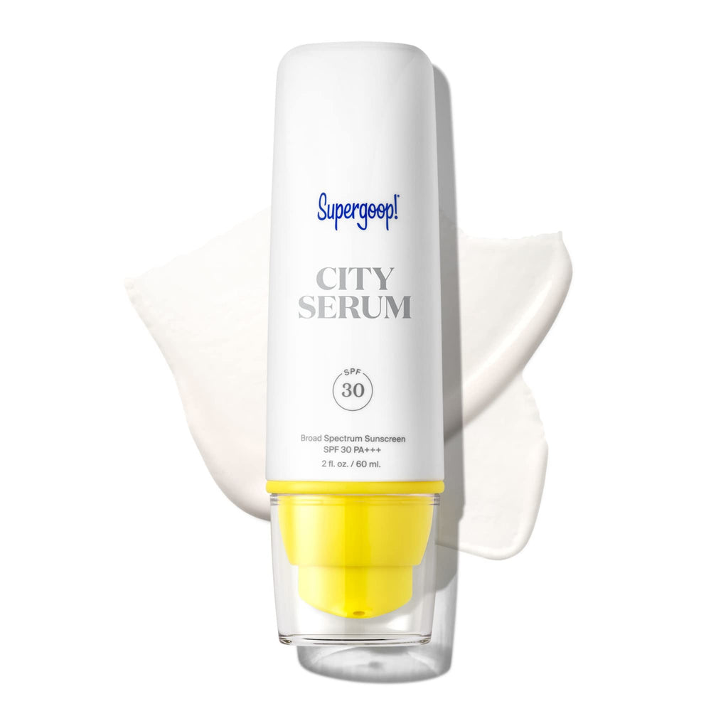 Supergoop City Serum bottle close-up shows sleek packaging for morning sun protection.