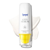 Supergoop City Serum bottle close-up shows sleek packaging for morning sun protection.