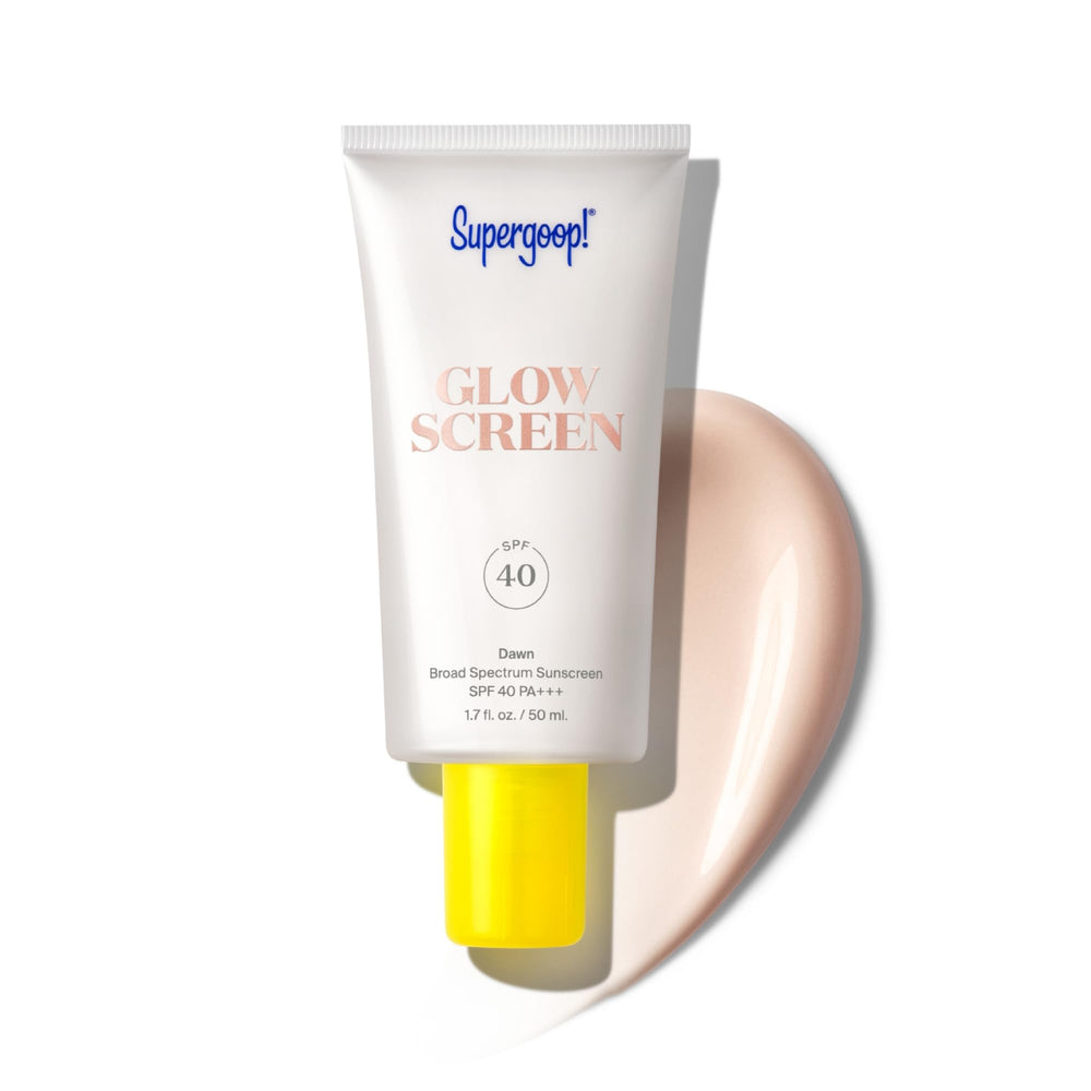 Supergoop Glowscreen Dawn bottle shows SPF 40 hydration and glow.