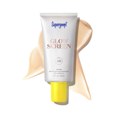 Supergoop! Glowscreen Sunrise bottle shows champagne glow with SPF 40 protection