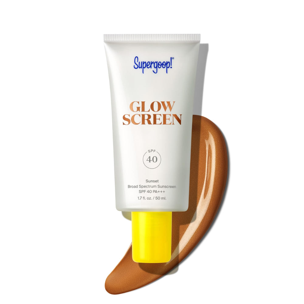 Supergoop Glowscreen Sunset bottle front shows bronzy glow primer with SPF 40