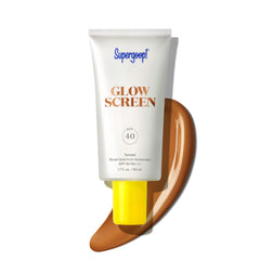 Supergoop Glowscreen Sunset bottle front shows bronzy glow primer with SPF 40