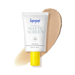 Supergoop! Mineral Mattescreen bottle showcases oil-free SPF 40 protection.