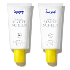 Supergoop! Mineral Mattescreen packaging shows a compact two-pack for easy travel sun protection.
