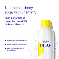Supergoop! PLAY SPF 30 mist on arm illustrating easy on the go sun protection