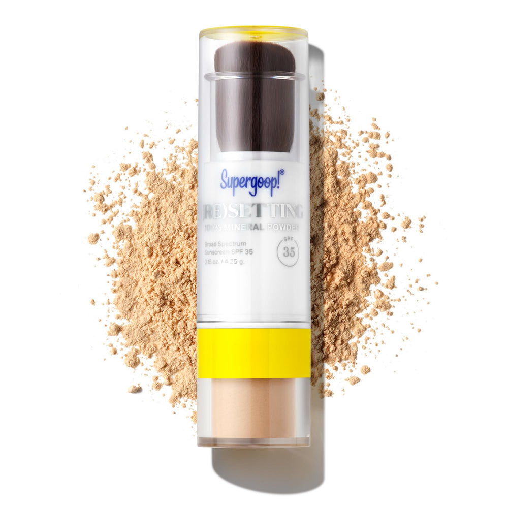 Supergoop! Re(setting) Mineral Powder Light compact with SPF 35 for portable protection.