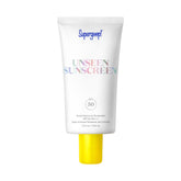 Supergoop! Unseen Sunscreen bottle front shows invisible SPF protection ideal for makeup-ready skin.