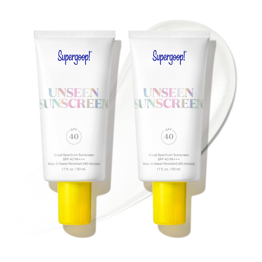 Supergoop! Unseen Sunscreen bottle shows invisible, weightless protection for all skin tones.