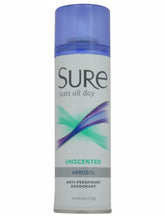 Sure Unscented Aerosol Deodorant bottle demonstrates long-lasting protection for all-day freshness.