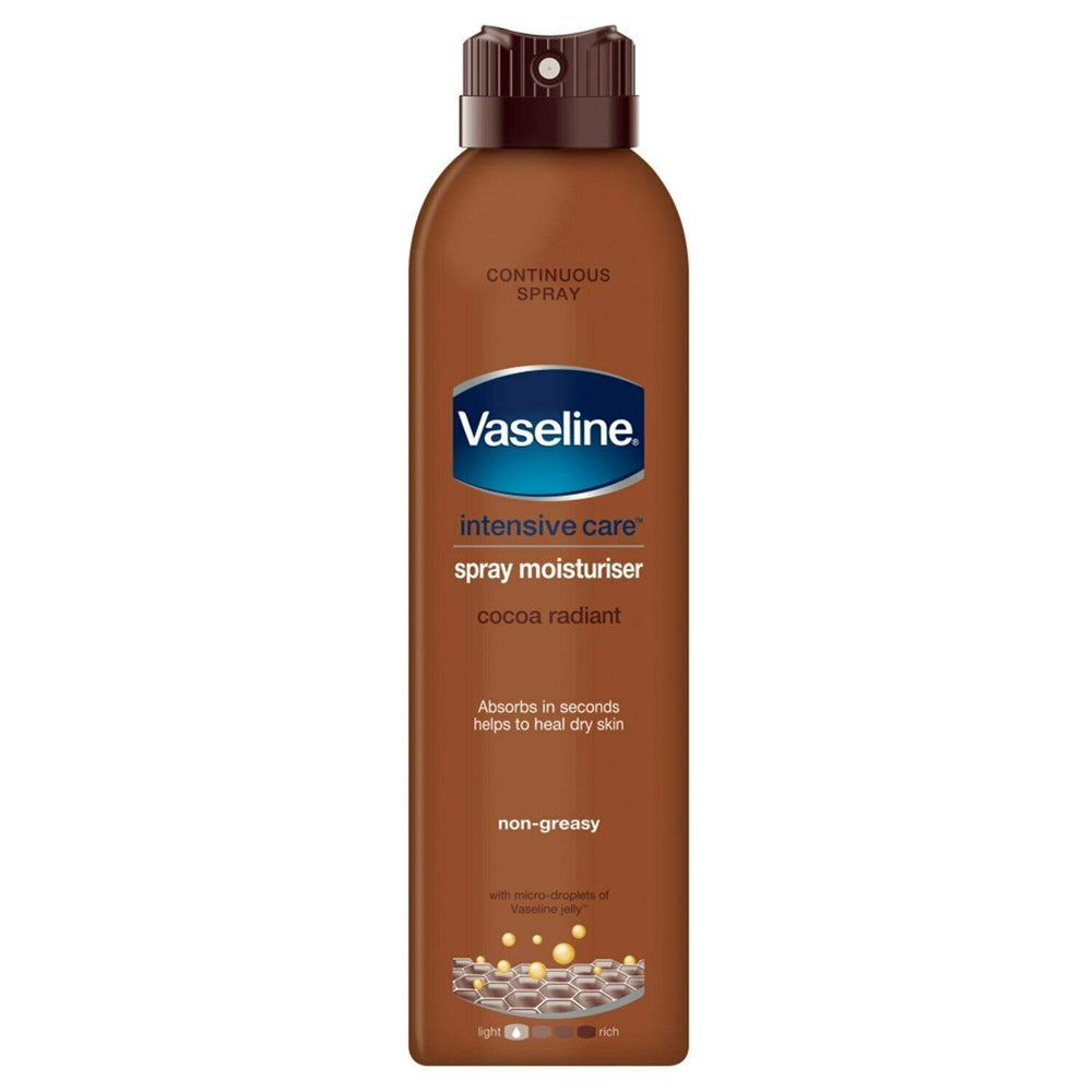 Sure Vaseline spray bottle action demonstrates quick, non-greasy moisturising for busy mornings.