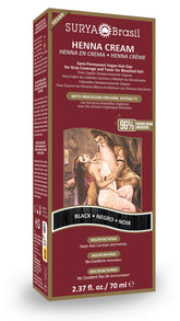 Surya Brasil Henna Cream packaging in black for natural color at home.