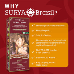 Surya Brasil Henna Cream tube front announces ammonia-free, color-safe hair treatment.