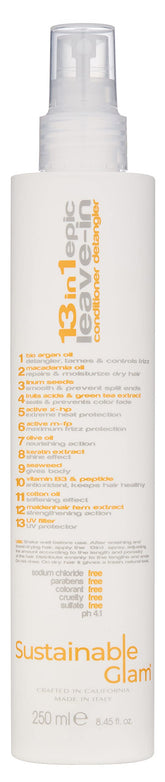 Sustainable Glam Epic Leave-In bottle closeup shows hydrating conditioning for all hair types.