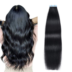 SUYYA tape-in jet black 20in weft closeup showing premium Remy hair with natural shine for seamless blend