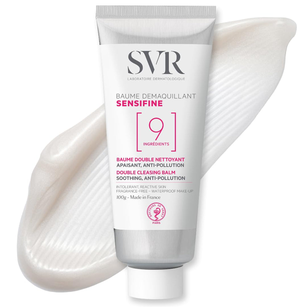 SVR Sensifine cleansing balm packaging highlights compact jar for on-the-go makeup removal.
