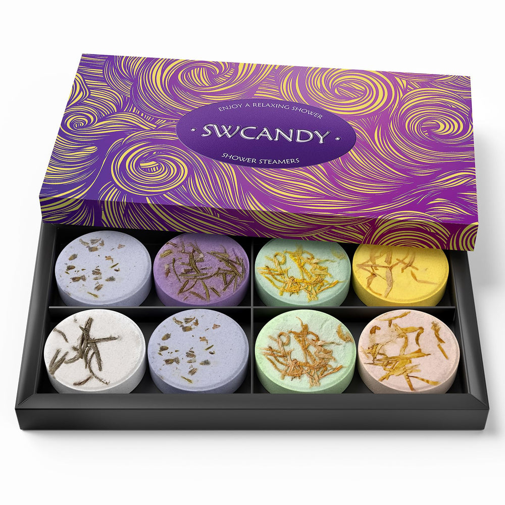 SWCANDY Shower Steamers packaging shows gift-ready presentation for holidays.