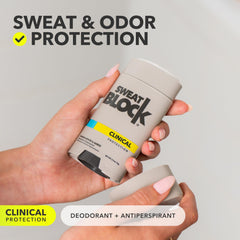 SweatBlock 2-pack box front view showing value and portable daily protection.