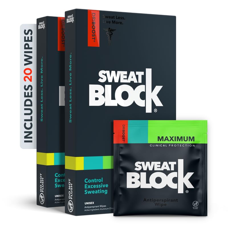 SweatBlock wipes in a single-use packet showing clinical-strength protection for all-day dryness.