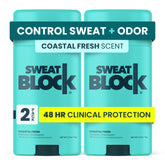 SweatBlock clinical strength deodorant bottle with long-lasting underarm protection and odor control.