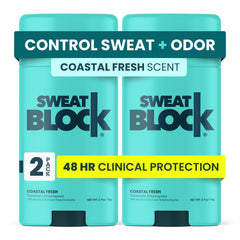 SweatBlock clinical strength deodorant bottle with long-lasting underarm protection and odor control.
