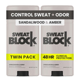 SweatBlock clinical-strength deodorant stick in sandalwood amber for all-day freshness.