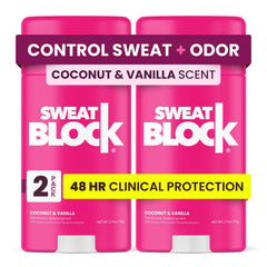 SweatBlock coconut-vanilla deodorant bottle, tropical scent, lasting freshness.