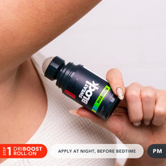 SweatBlock two-step system packaging highlights dual-action protection for sweat and odor.