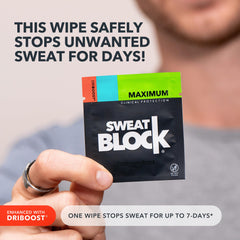 SweatBlock wipes individually wrapped indicating hygiene and single-use protection.