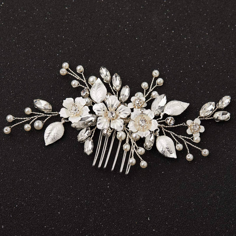 SWEETV silver bridal hair comb with crystals and pearls adds timeless wedding sparkle on your wedding day.