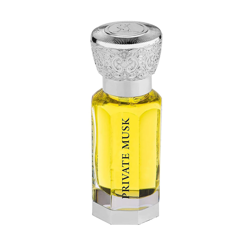 Swiss Arabian Private Musk bottle showcases a luxurious, long-lasting perfume oil in sleek packaging.