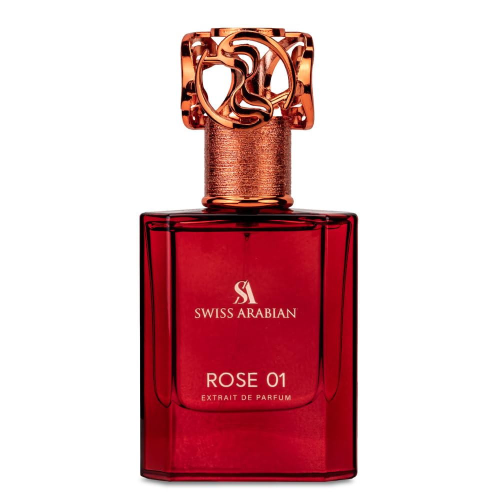 Swiss Arabian Rose 01 bottle closeup highlights premium packaging for long-lasting daily wear.