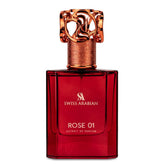 Swiss Arabian Rose 01 bottle closeup highlights premium packaging for long-lasting daily wear.