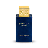 Swiss Arabian Shaghaf Oud Azraq bottle close-up, highlighting premium amber-oud notes for evening wear.
