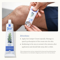 SwissJust Juniper Cream packaging with herbal ingredients like juniper and eucalyptus.