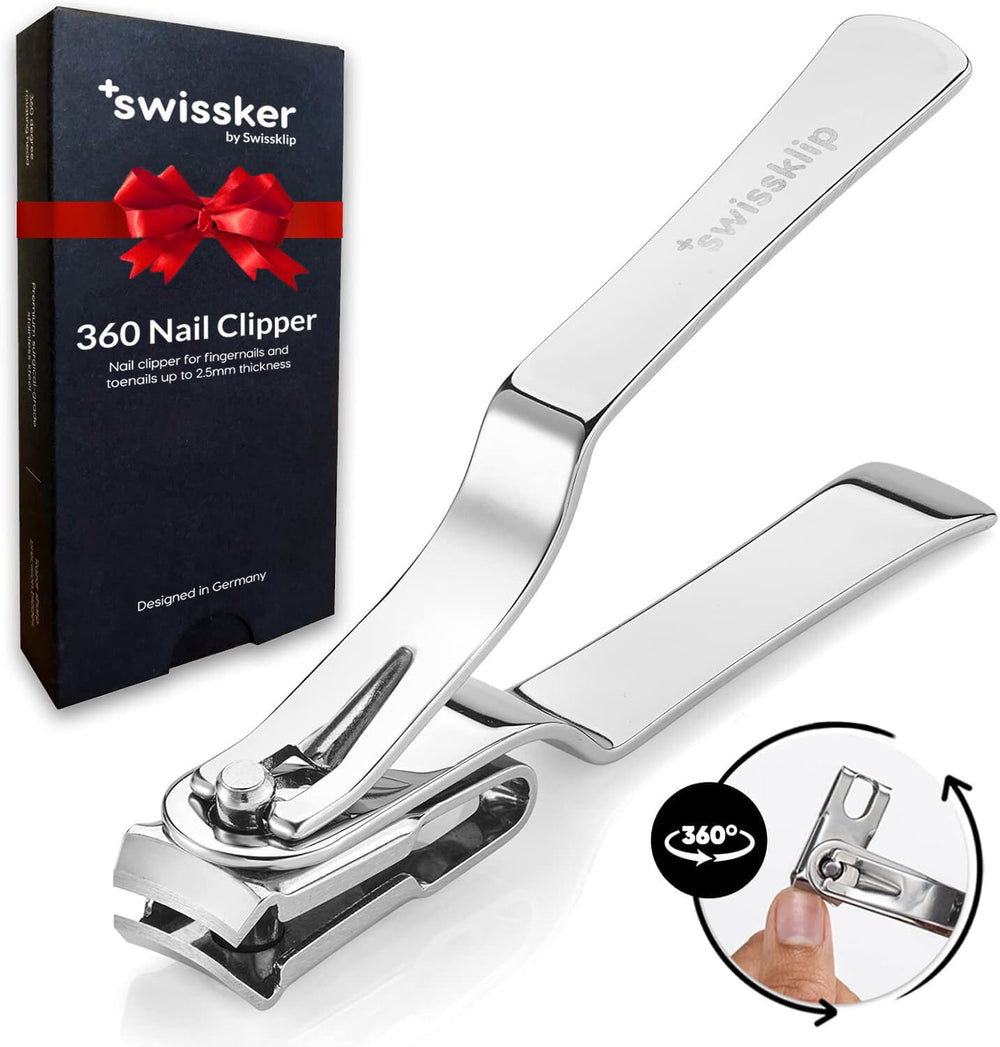 Swissker nail clippers with 360-degree rotating head for precise trims and versatile angles.