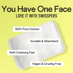 Swisspers Premium Cotton Pillows face-serum-dab demonstrates controlled, clean dabbing for skincare.