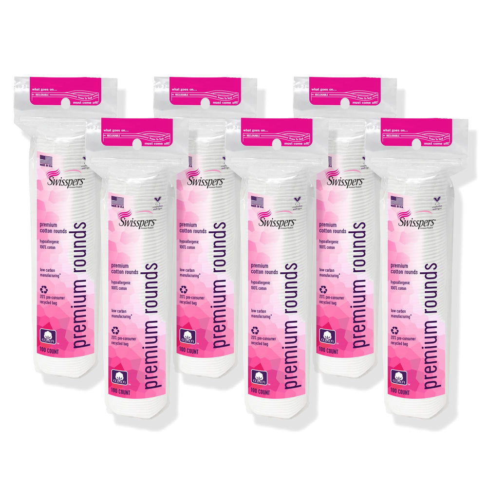 Swisspers Premium Cotton Rounds six-pack shown for soft, lint-free makeup removal.