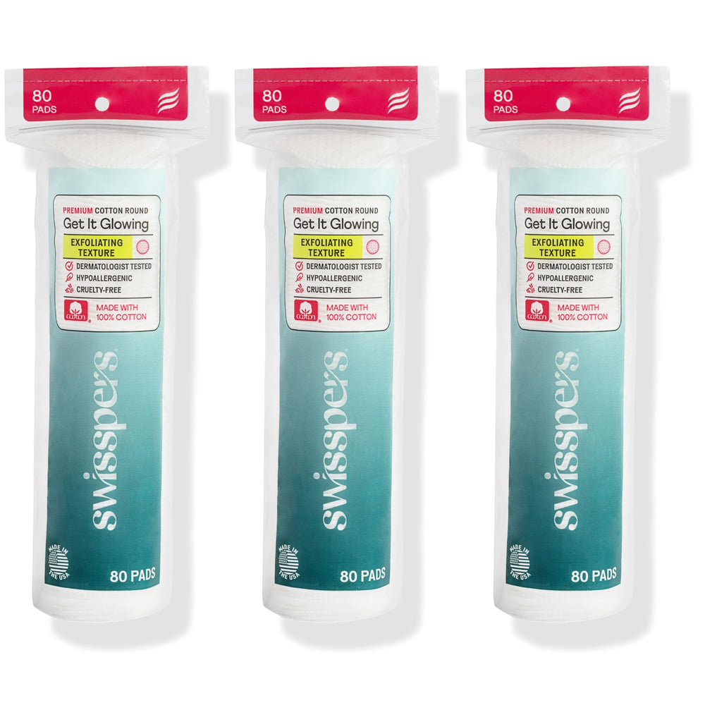 Swisspers premium exfoliating cotton rounds pack-3 ready for at-home use.